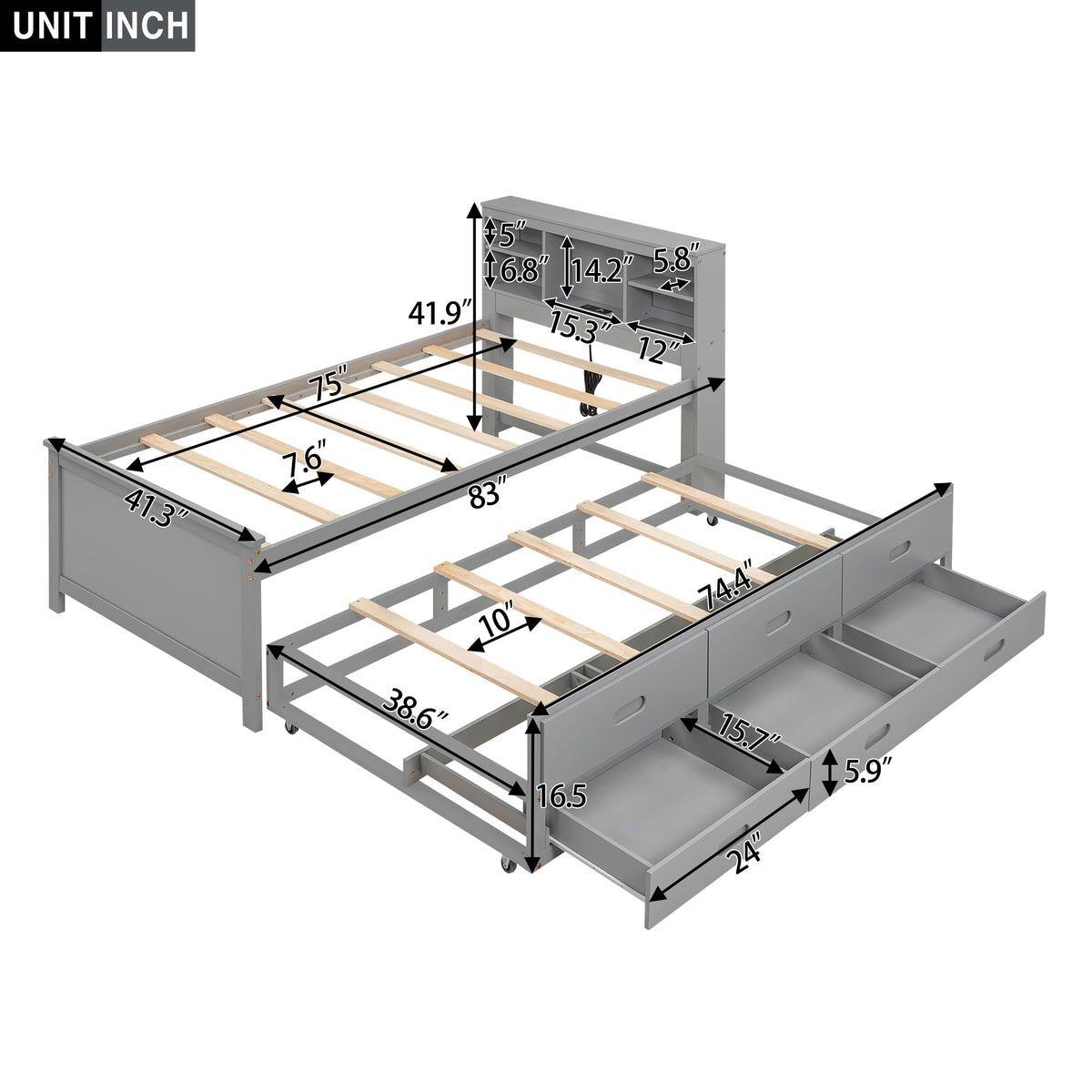 Twin Size Wood Platform Bed with Trundle and 3 Drawers B306