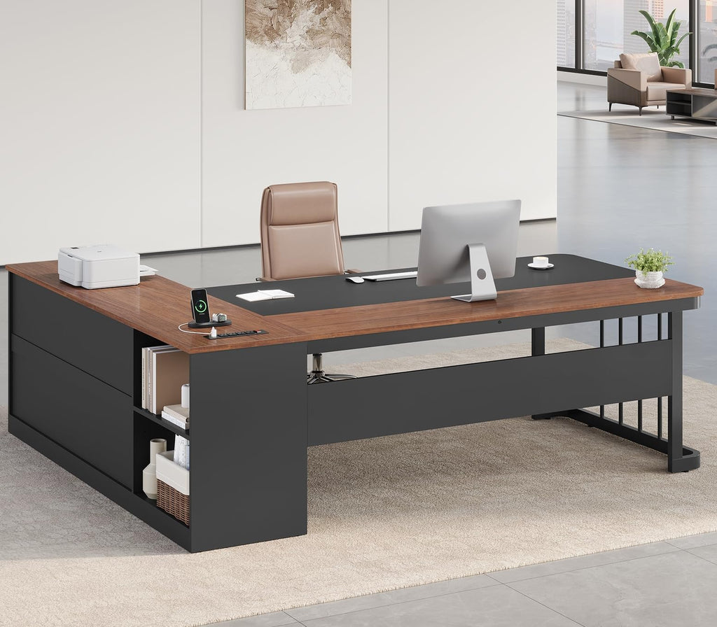 71" L Shaped Computer Desk with Drawers and Power Outlets G69303