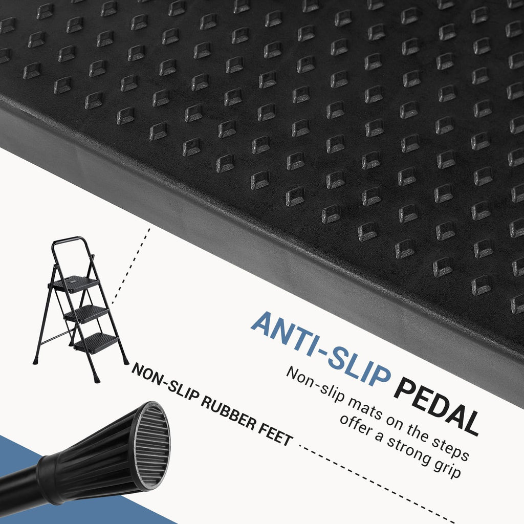 3 Step Ladder with Anti-Slip Pedal and Handrail, 500lbs, Black I704058