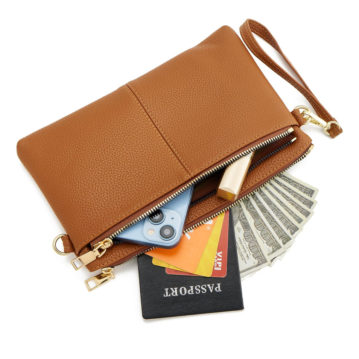 Small Triple Zip Crossbody Bag Vegan Leather Wristlet Clutch F98548