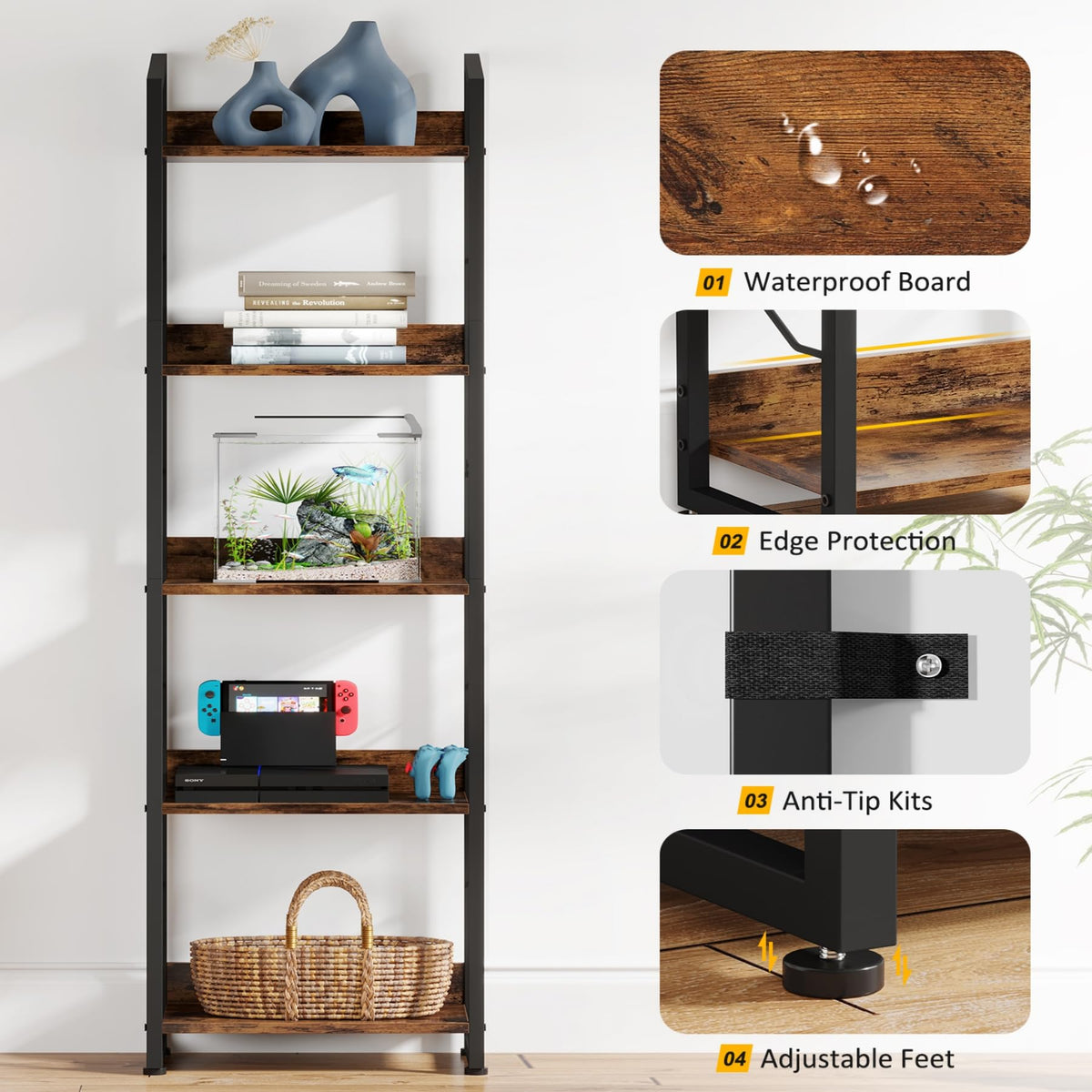5 Tier Industrial Wood Bookshelf S64870