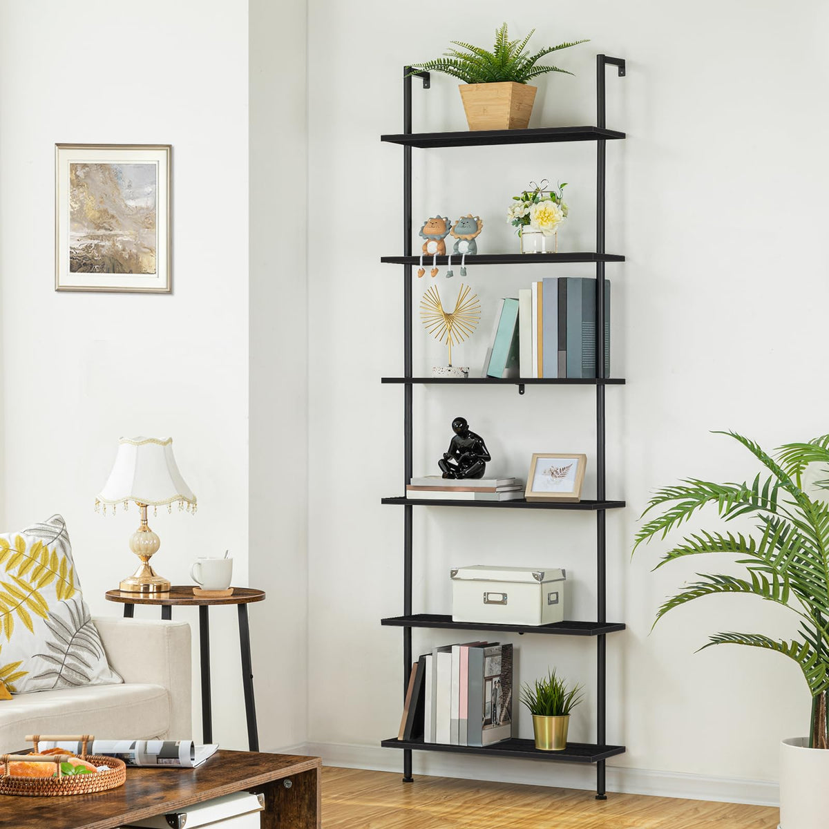 6-Tier Wall Mounted Wooden Ladder Shelf Q58986