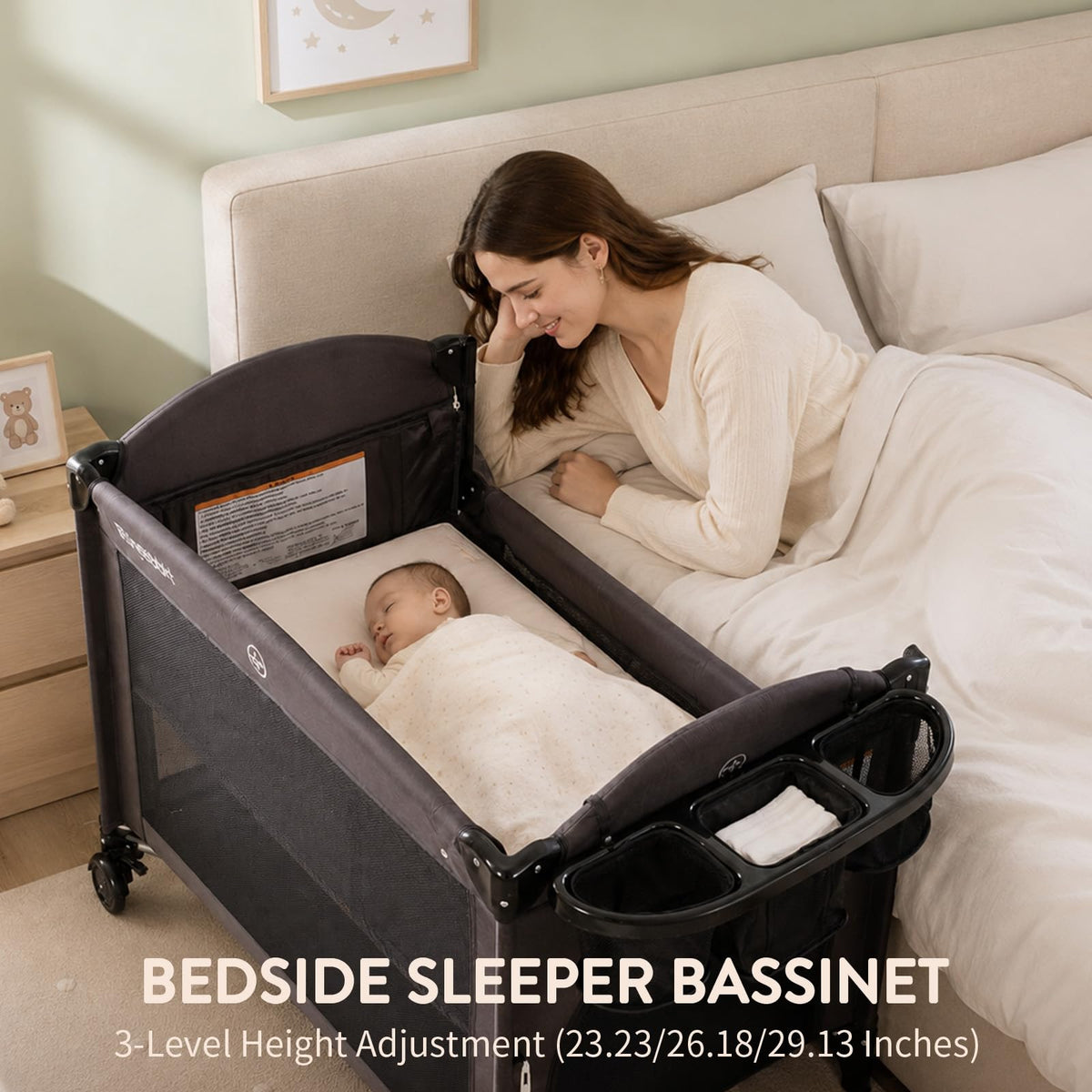 4-in-1 Pack and Play, Baby Bassinet Bedside Sleeper, Black H67420