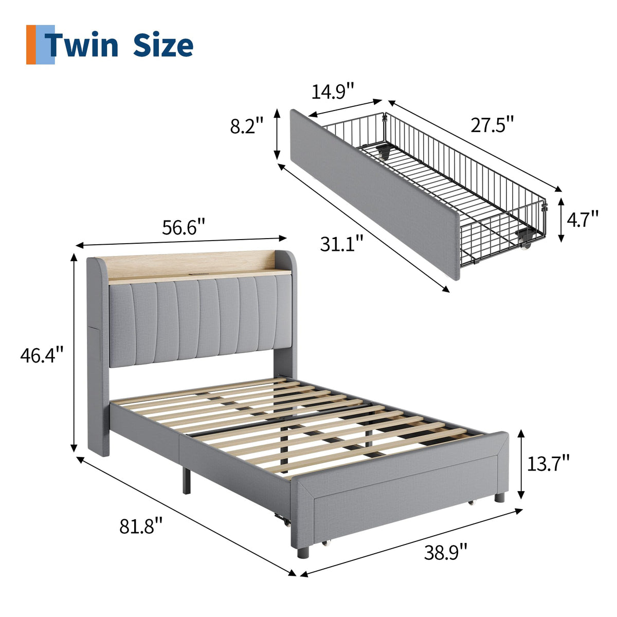 Twin Bed Frame with Storage Headboard and Charging Station P207