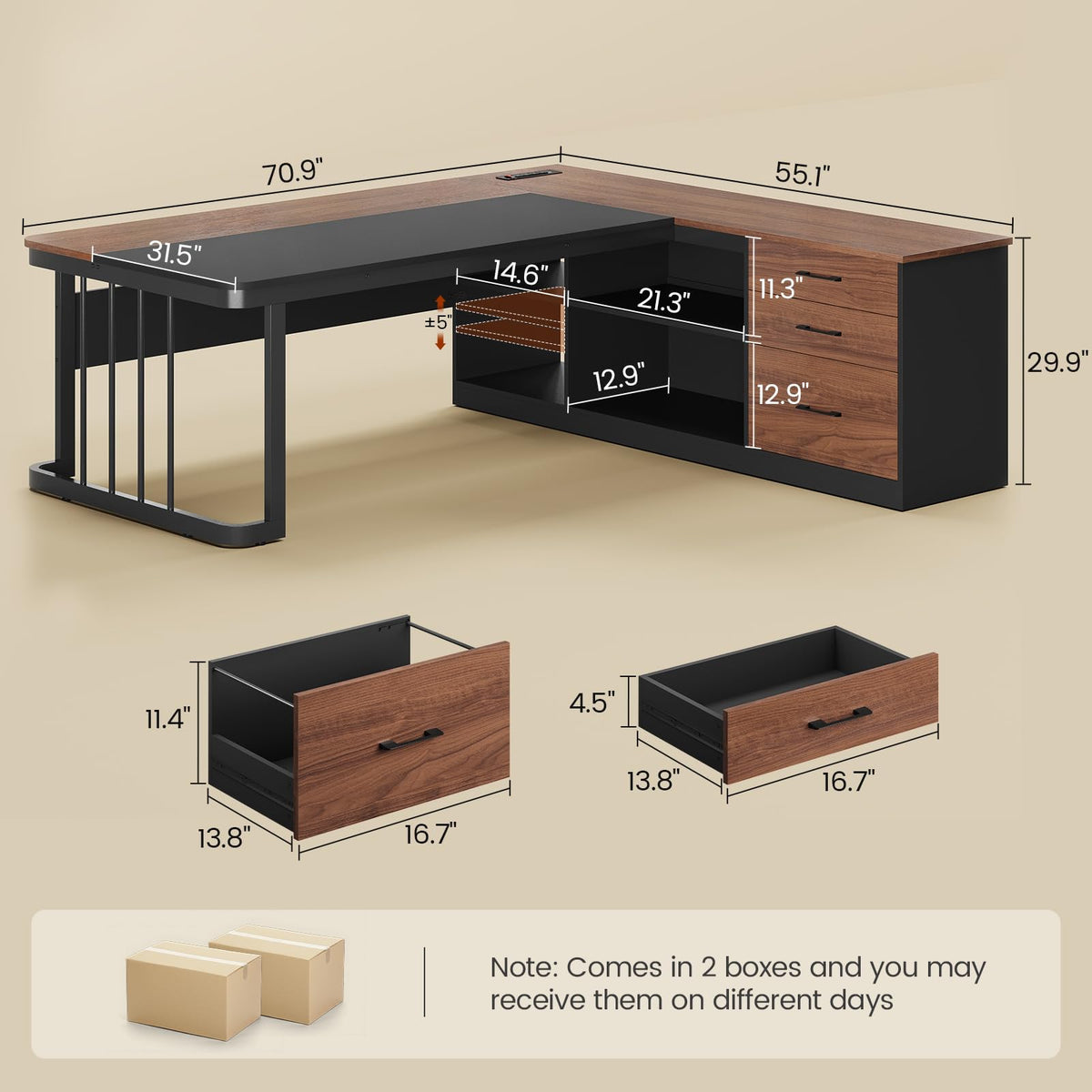 71" L Shaped Computer Desk with Drawers and Power Outlets G69303