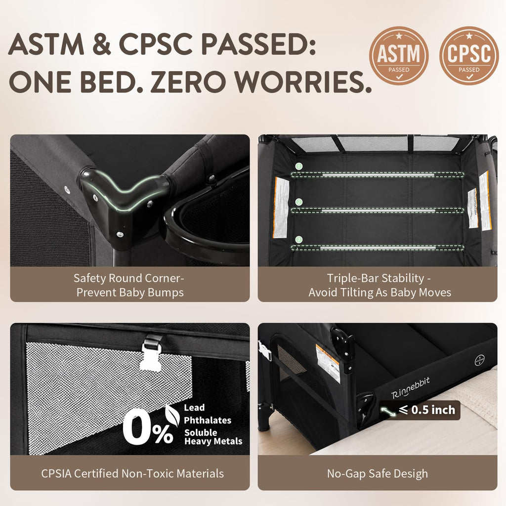 4-in-1 Pack and Play, Baby Bassinet Bedside Sleeper, Black H67420