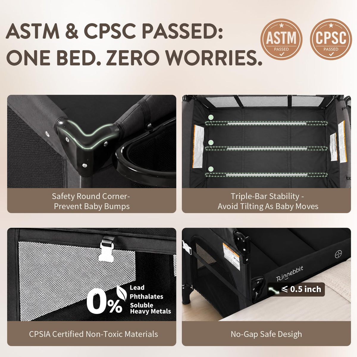 4-in-1 Pack and Play, Baby Bassinet Bedside Sleeper, Black H67420