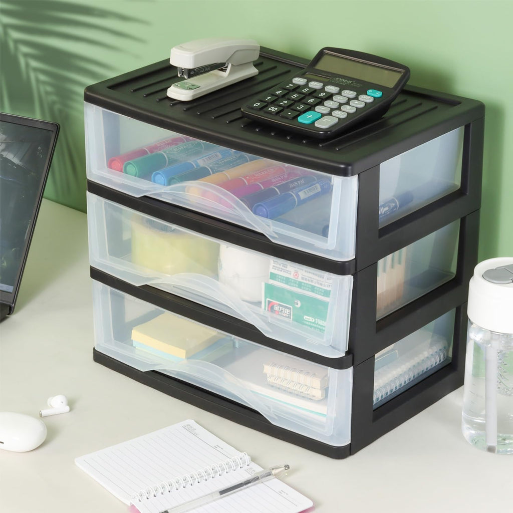 Medium 3 Drawer Black Plastic Stacking Storage Drawers L115970