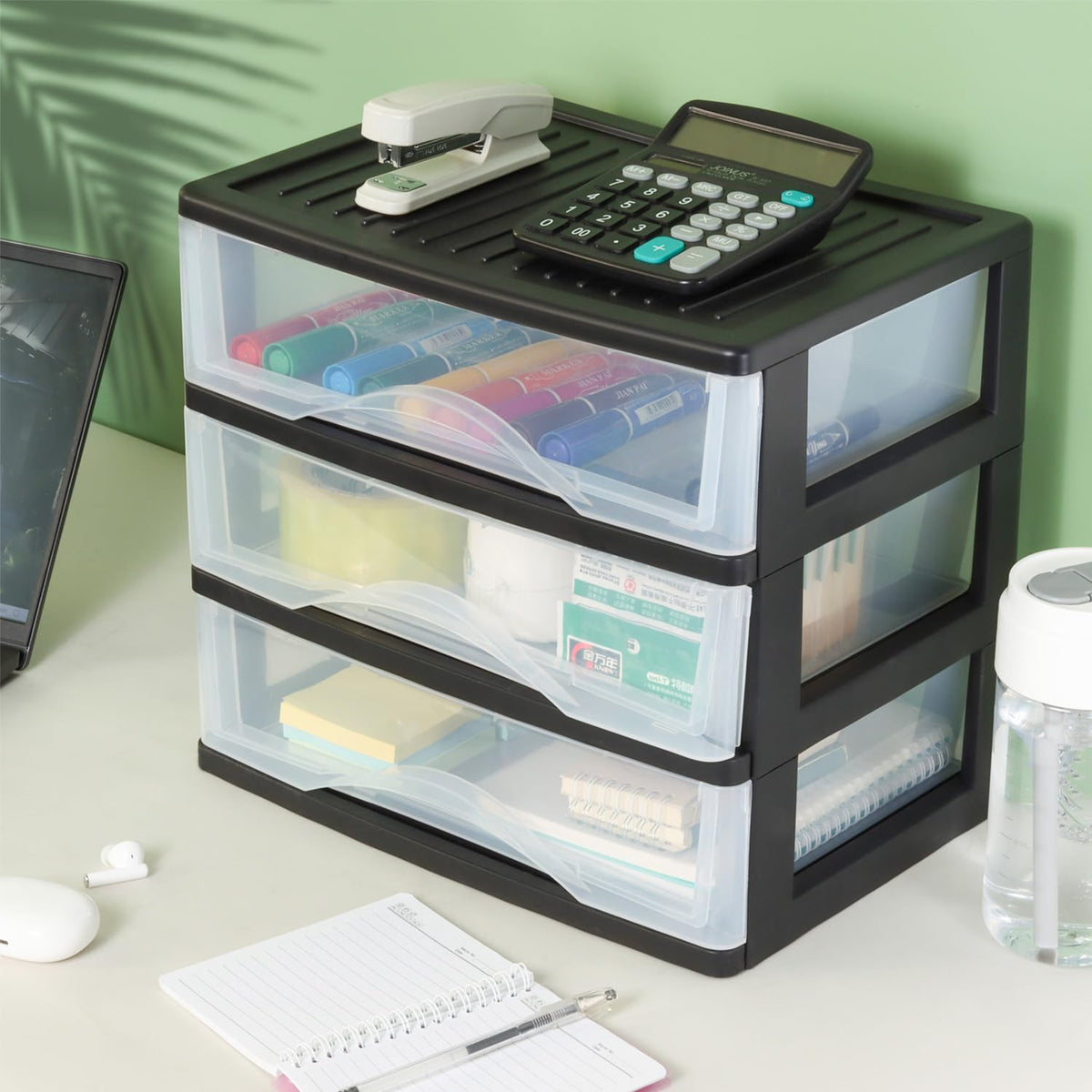 Medium 3 Drawer Black Plastic Stacking Storage Drawers L115970