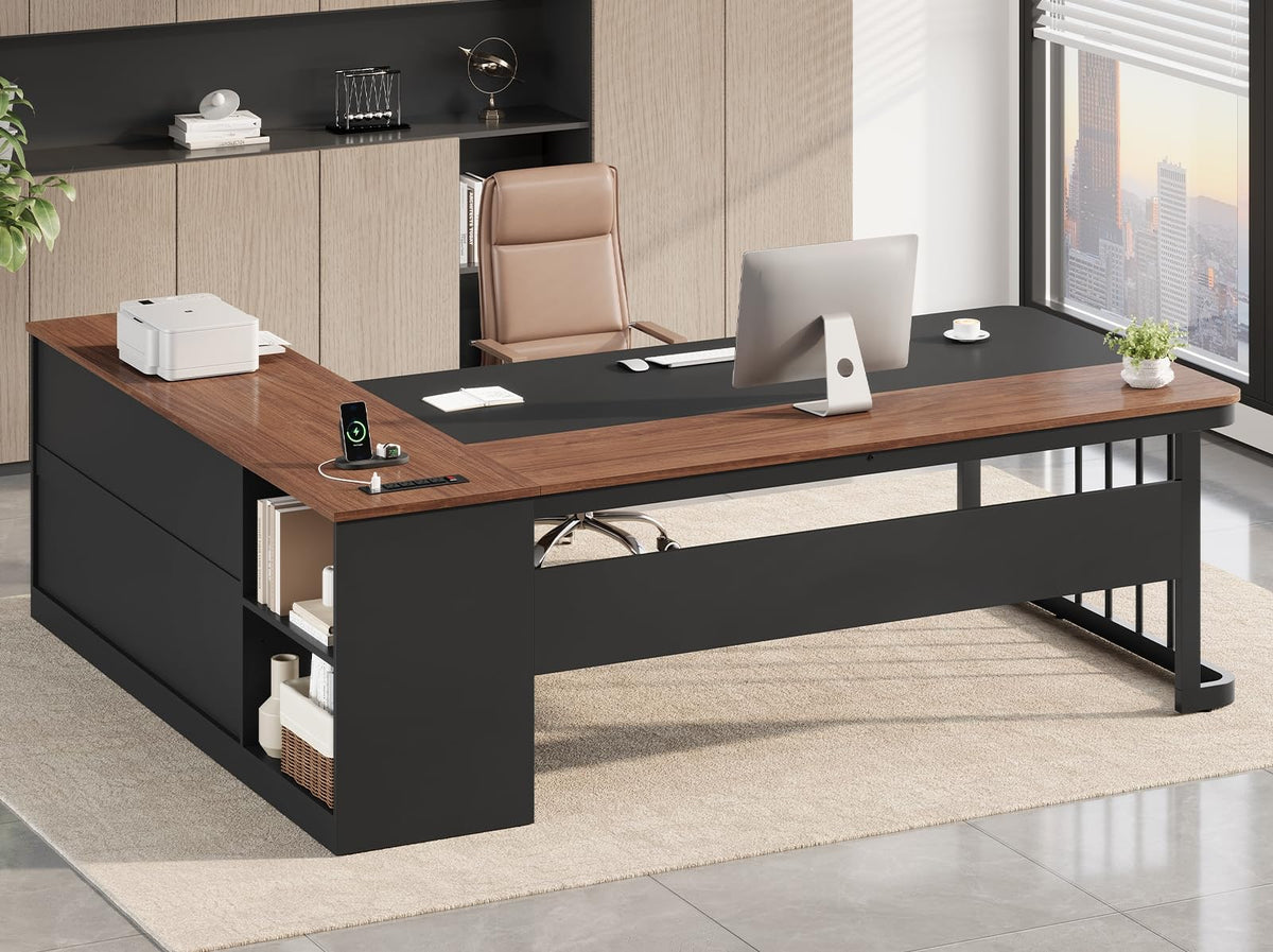 71" L Shaped Computer Desk with Drawers and Power Outlets G69303
