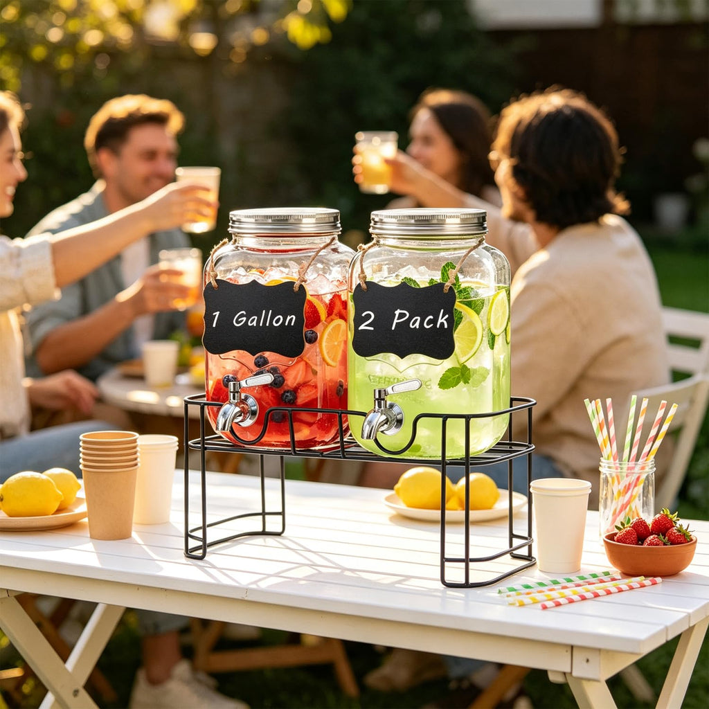 1 Gallon Glass Drink Dispenser with Stand, 2 Pack Beverage Dispenser with Spigot T90552