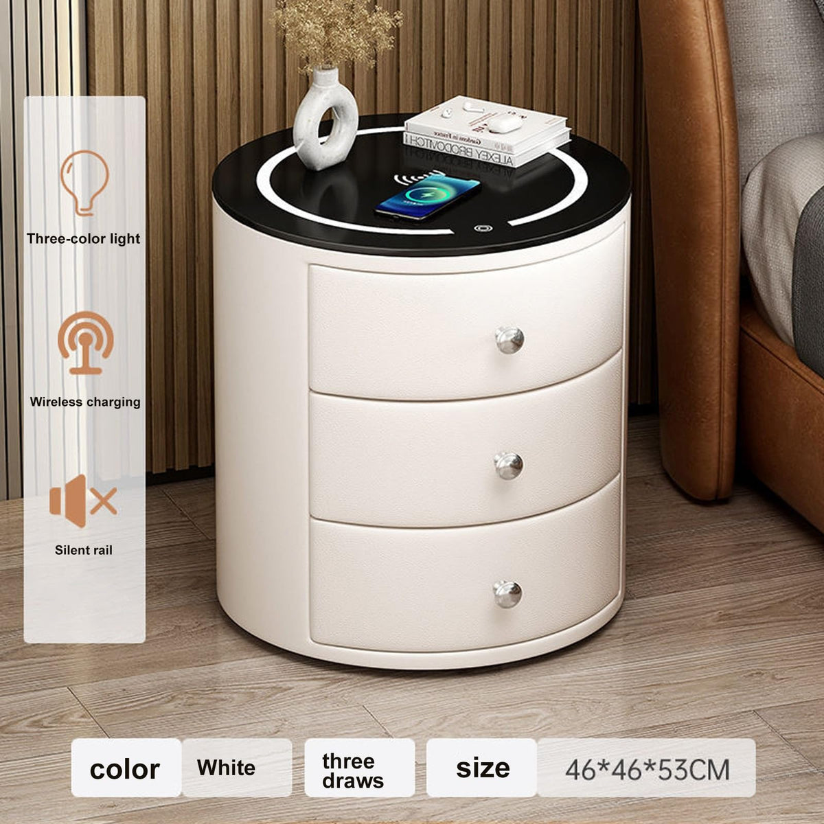 White 3 Drawer PU Leather Nightstand with Wireless Charging and LED Lights C134