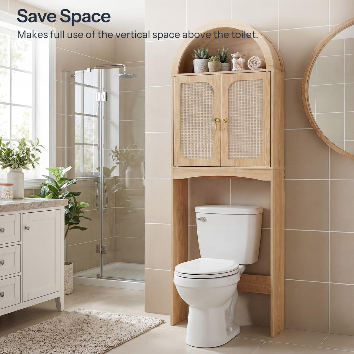 Arched Rattan Over the Toilet Storage Cabinet with Doors A861208