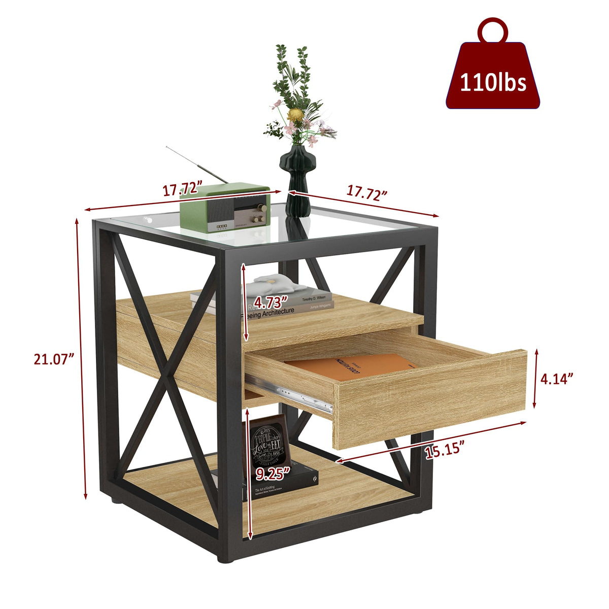 Brown Wood Glass Metal End Table Set of 2 I711