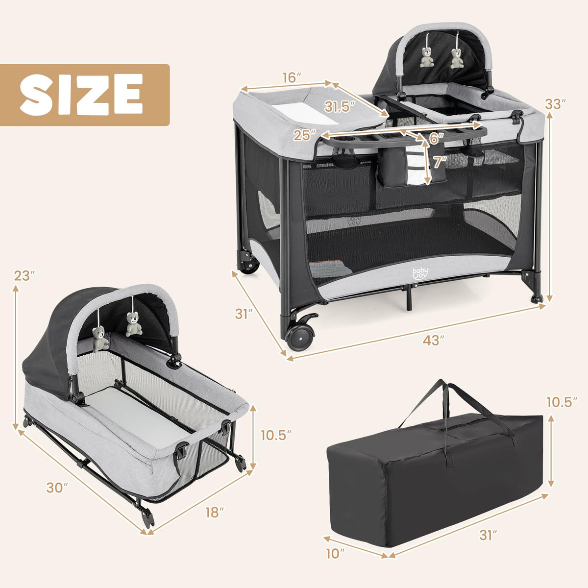 4 in 1 Pack and Play Portable Baby Playard with Changing Table Bassinet Mattress Carry Bag C86514