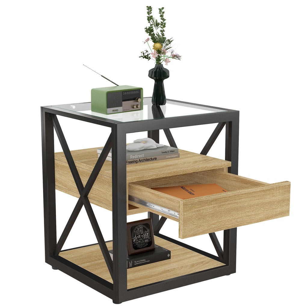 Brown Wood Glass Metal End Table Set of 2 I711