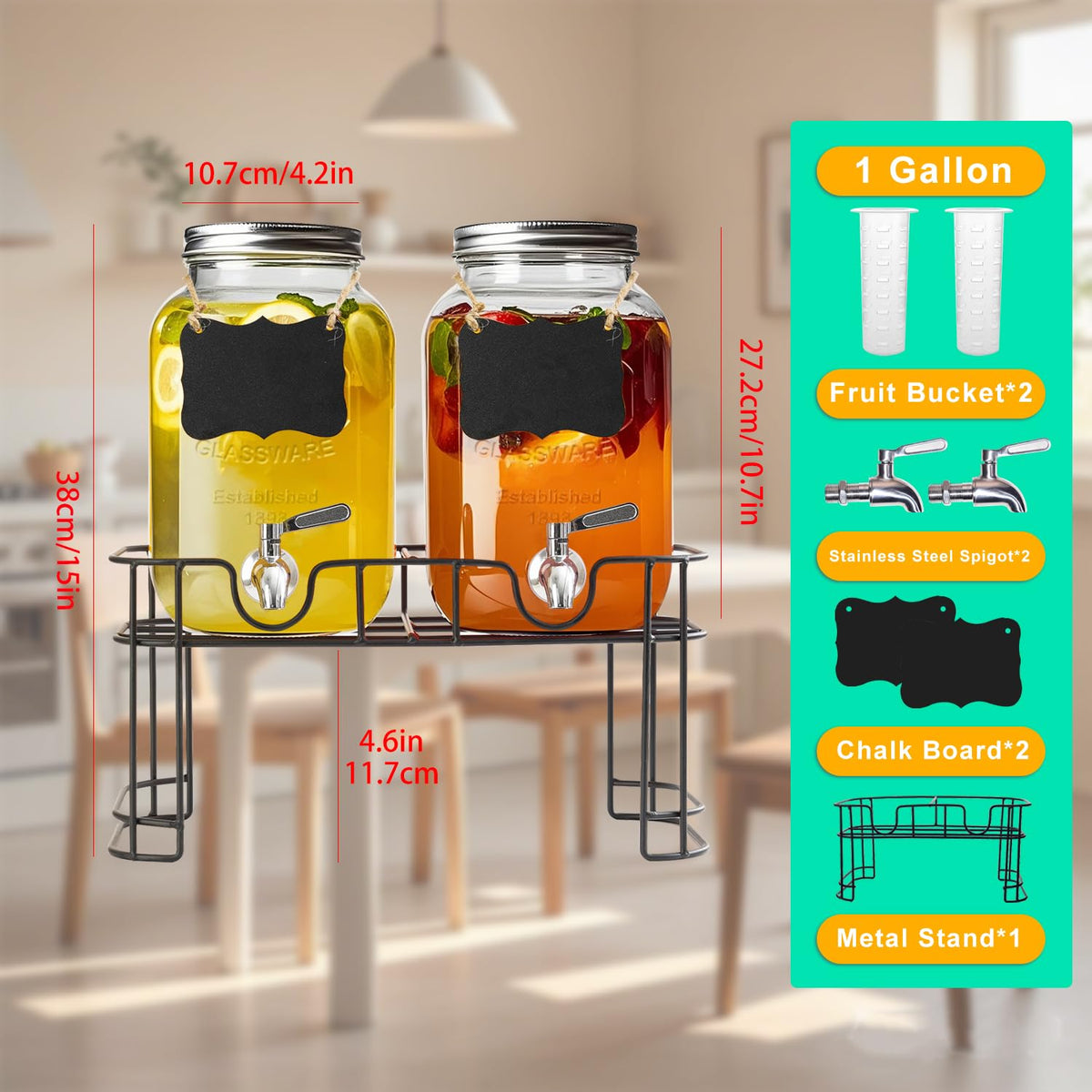 1 Gallon Glass Drink Dispenser with Stand, 2 Pack Beverage Dispenser with Spigot T90552