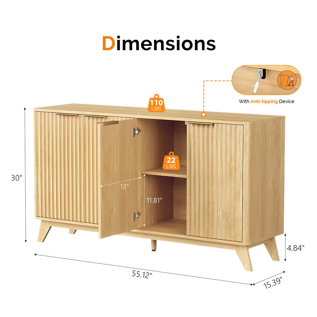 55" Fluted 4 Door Sideboard Cabinet with Adjustable Shelves E4945