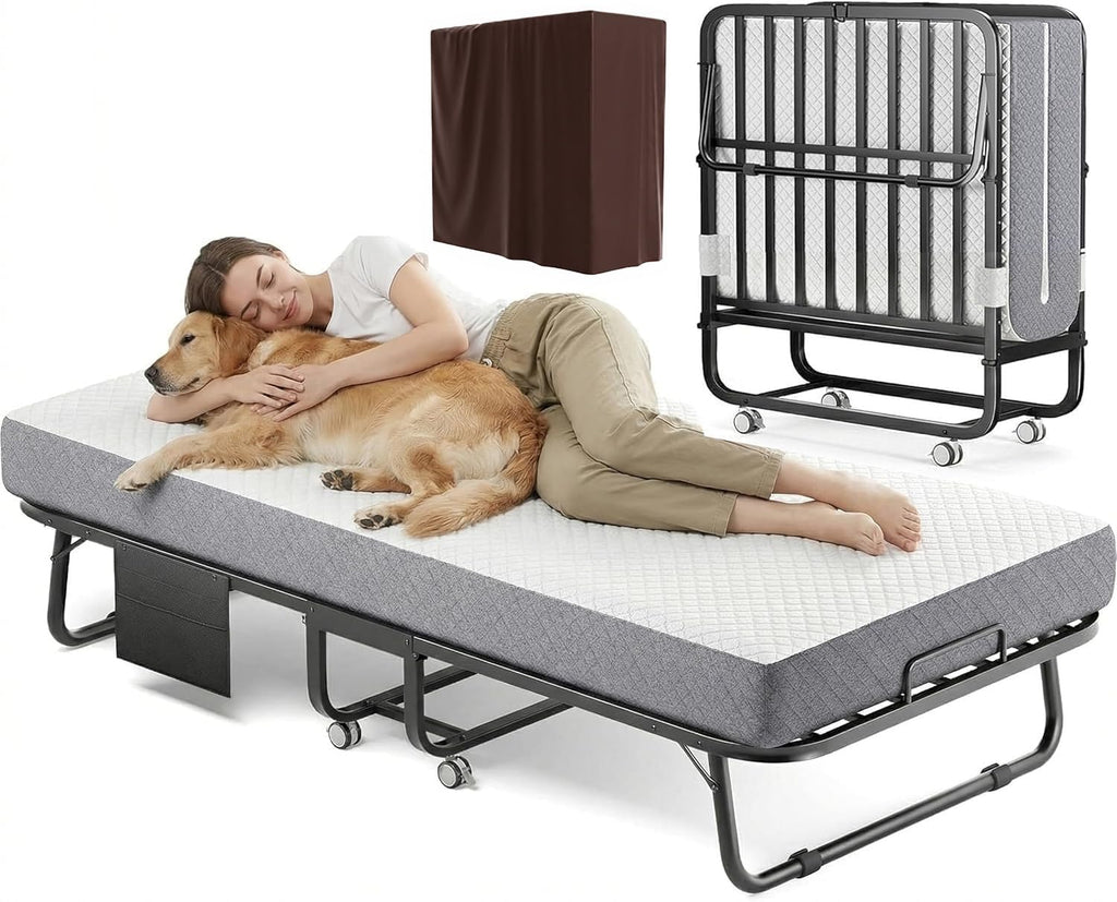 Folding Bed with Memory Foam Mattress Twin Size Metal Frame White Z76559