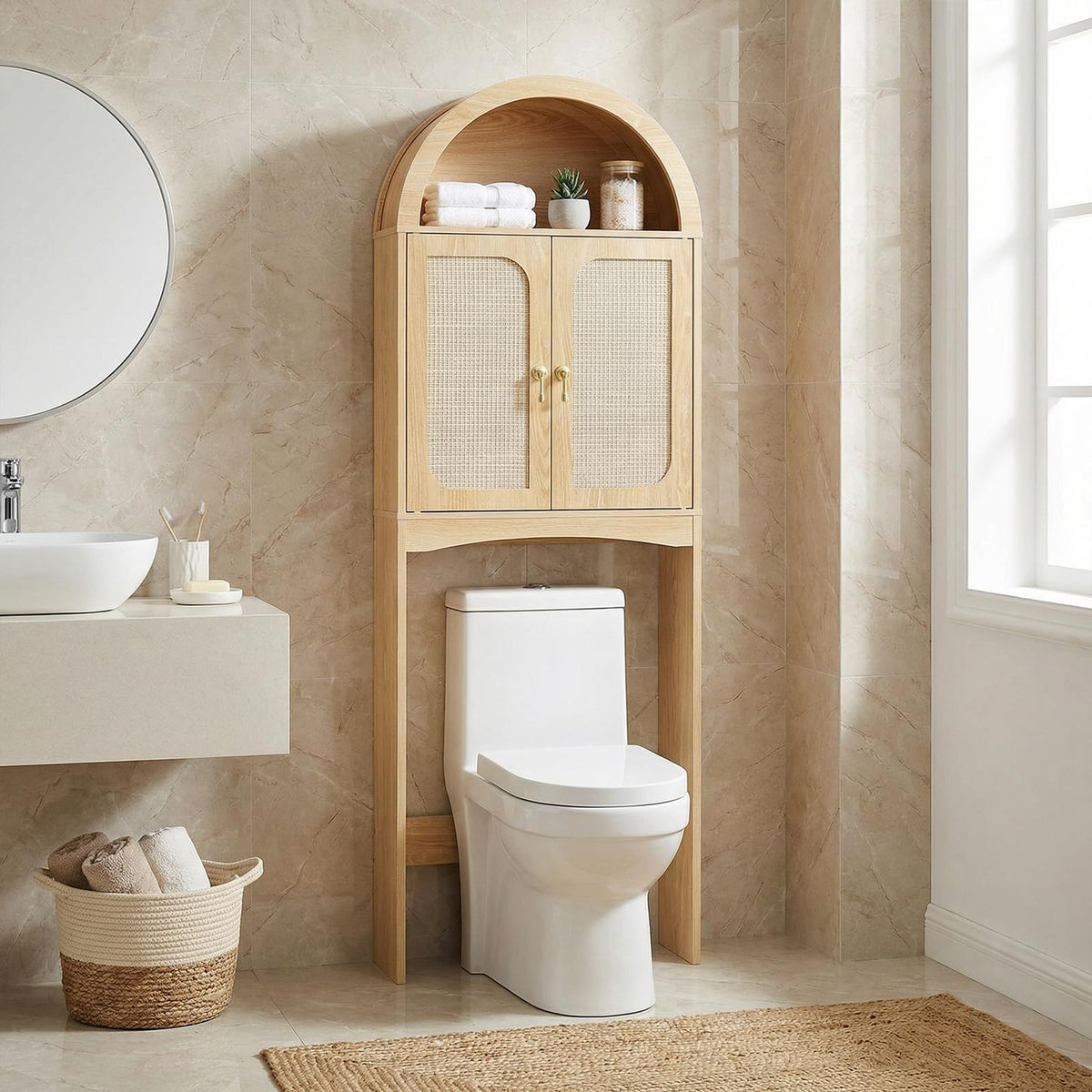 Arched Rattan Over the Toilet Storage Cabinet with Doors A861208
