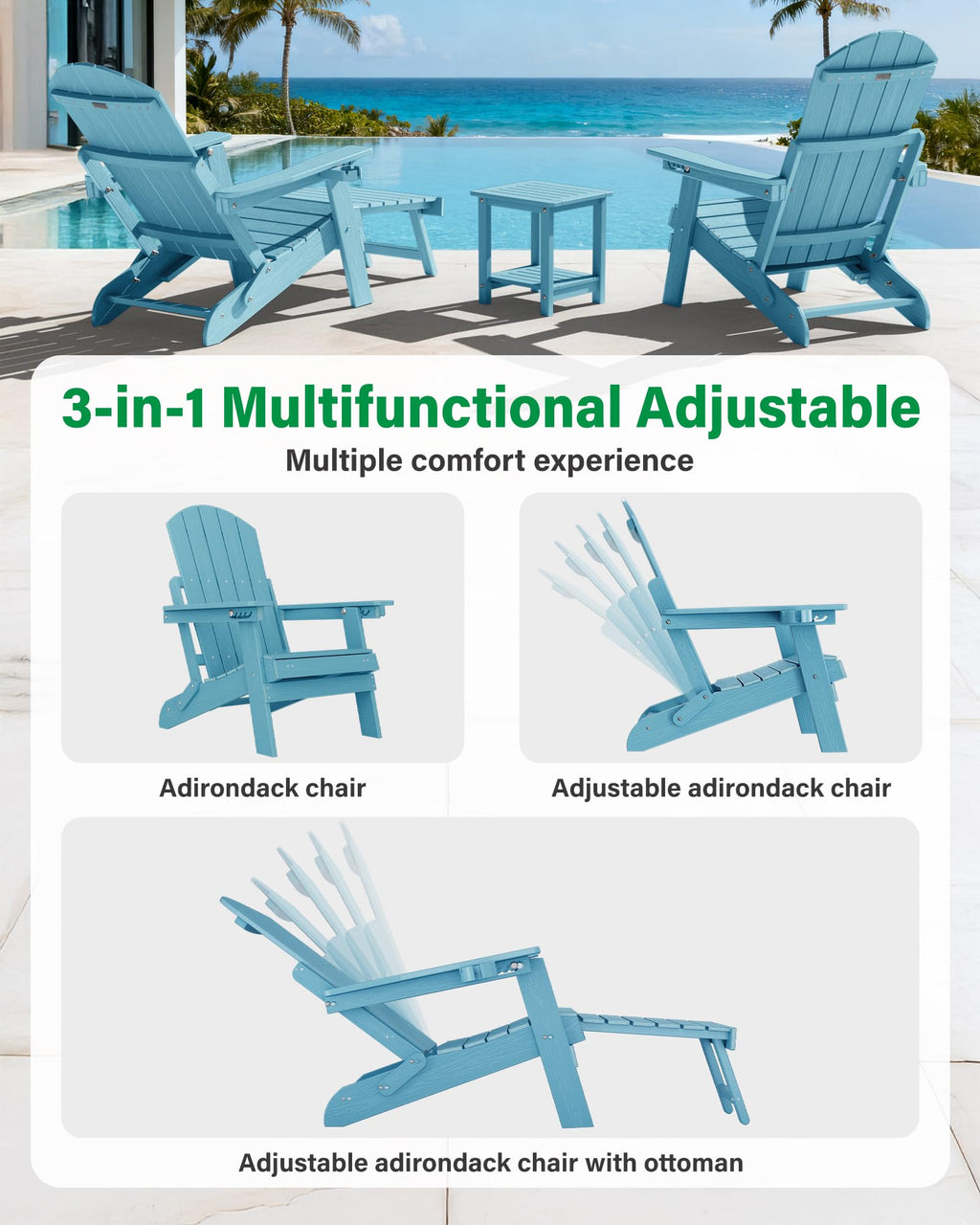 Blue Set of 2 Adirondack Chair with Footrest S457