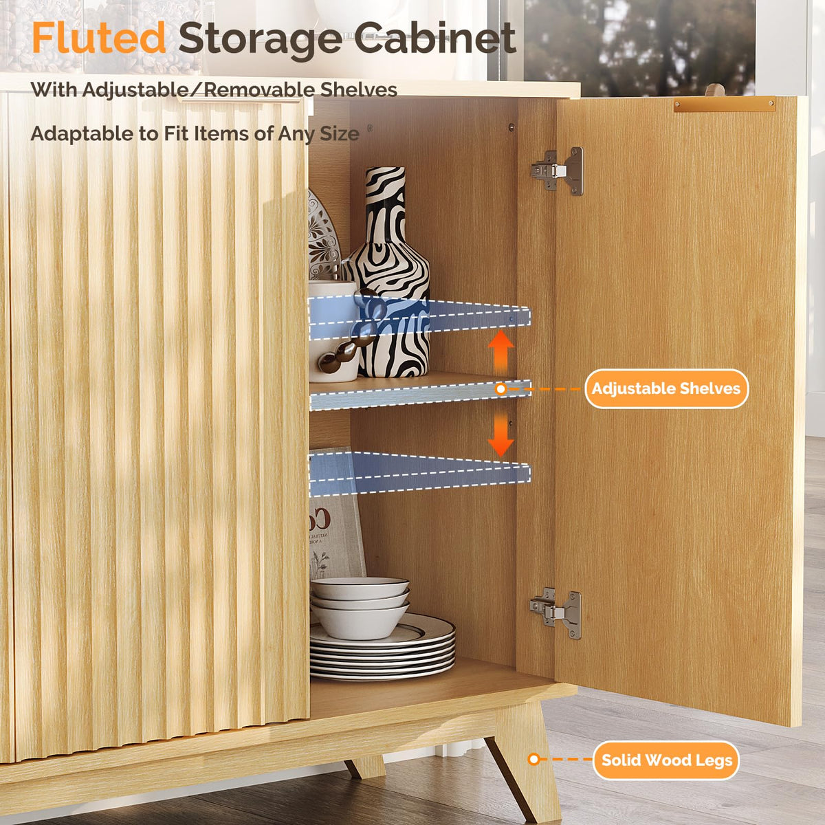 55" Fluted 4 Door Sideboard Cabinet with Adjustable Shelves E4945