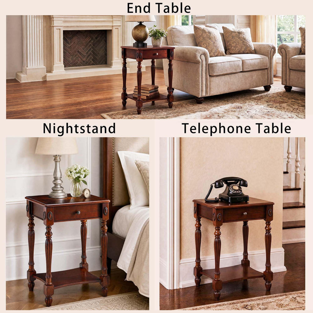 Solid Wood Side Table with Drawer, Cherry Walnut P669