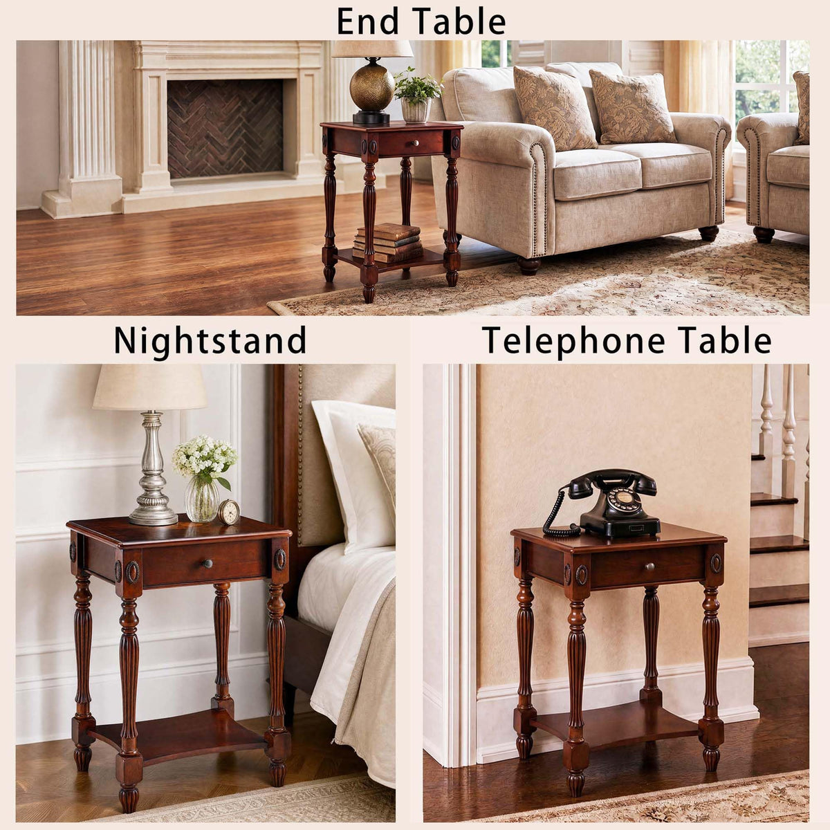 Solid Wood Side Table with Drawer, Cherry Walnut P669