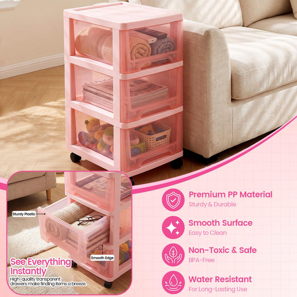 Pink 3-tier Plastic Storage Cart with Wheels N412