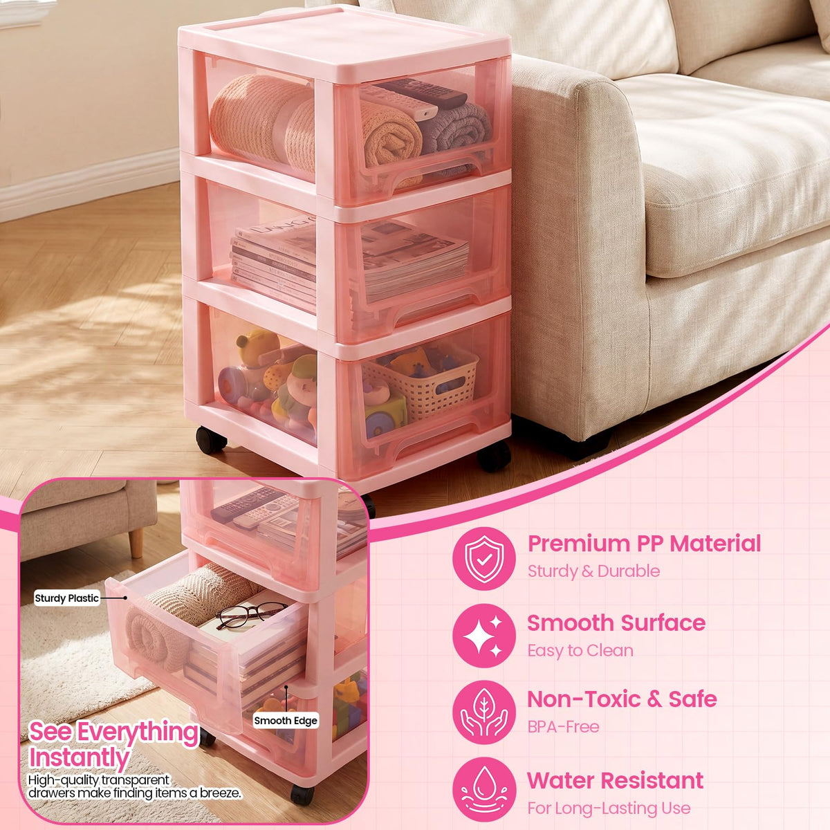 Pink 3-tier Plastic Storage Cart with Wheels N412