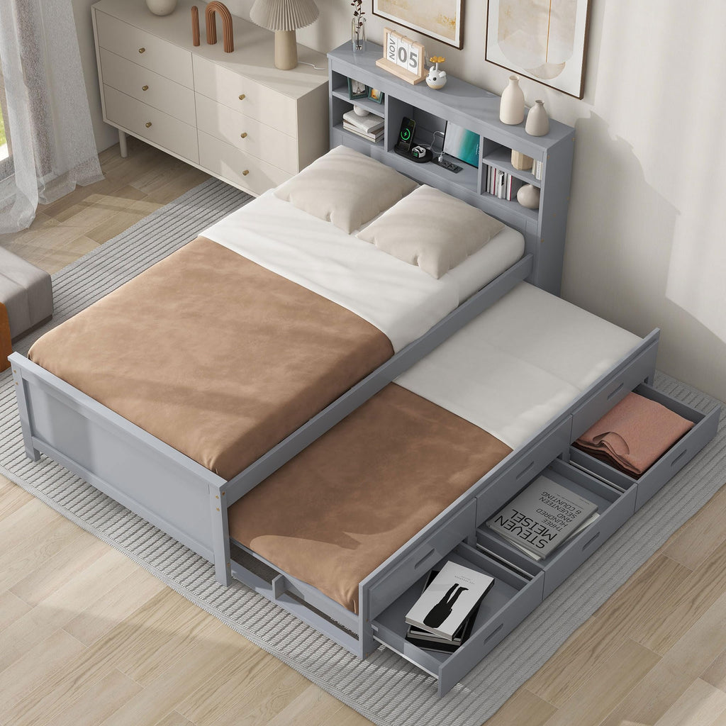 Twin Size Wood Platform Bed with Trundle and 3 Drawers B306