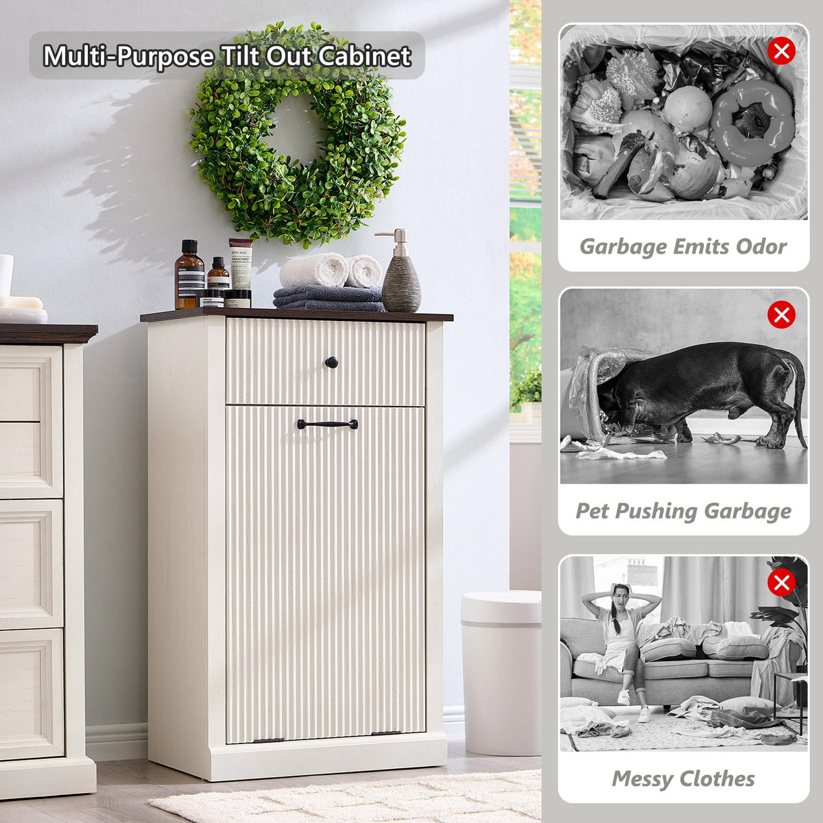 Antique White Tilt-Out Trash Can Cabinet I364398