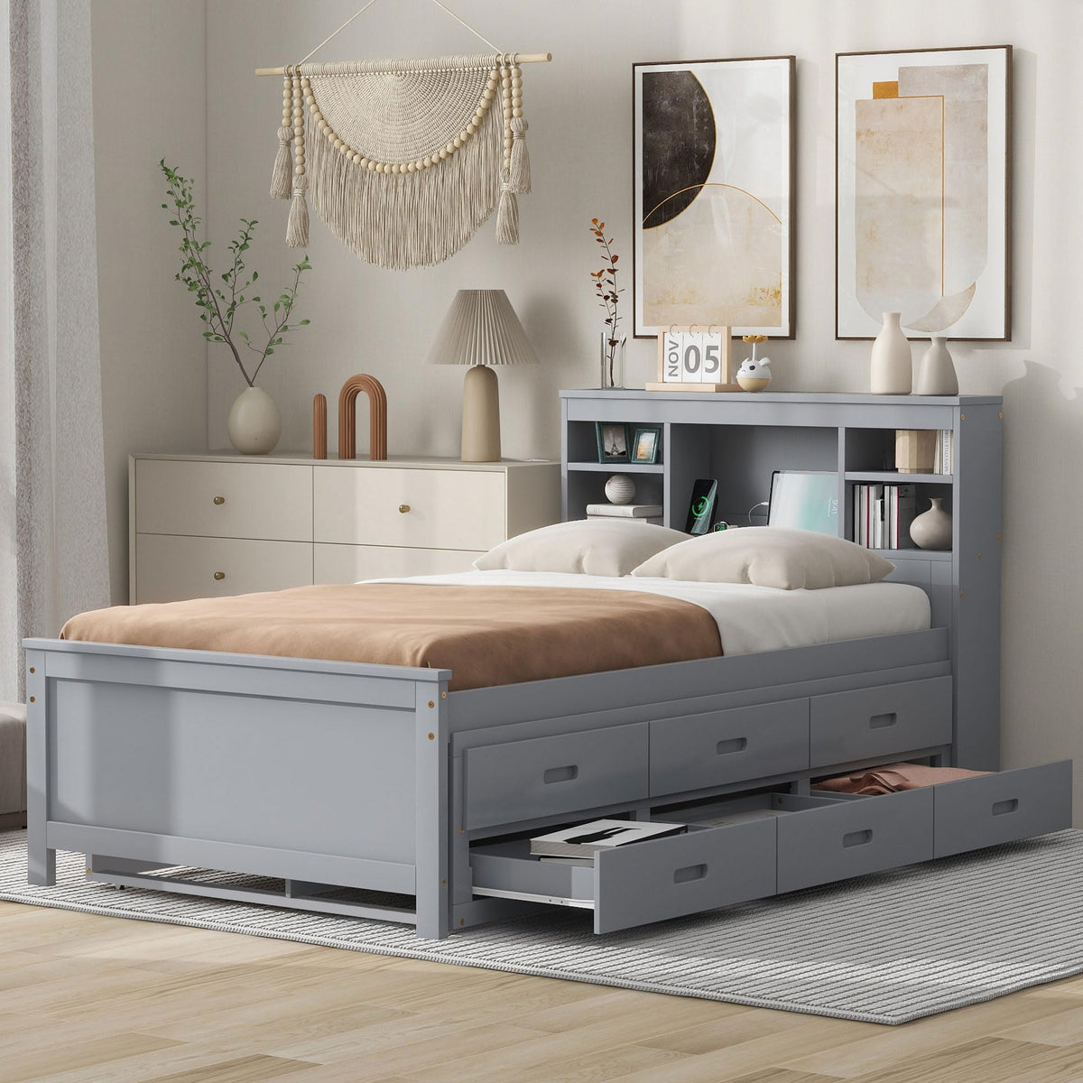 Twin Size Wood Platform Bed with Trundle and 3 Drawers B306