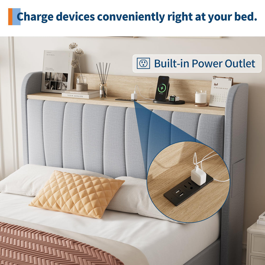 Twin Bed Frame with Storage Headboard and Charging Station P207