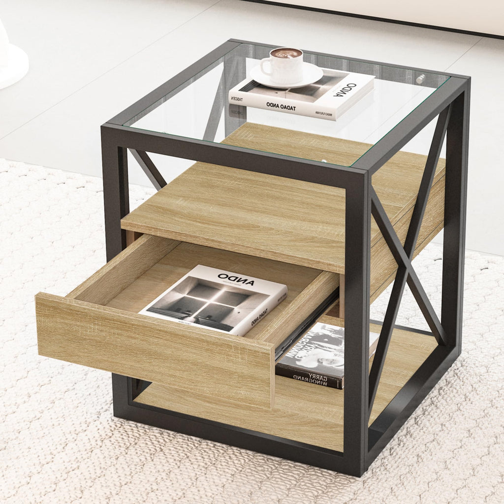 Brown Wood Glass Metal End Table Set of 2 I711