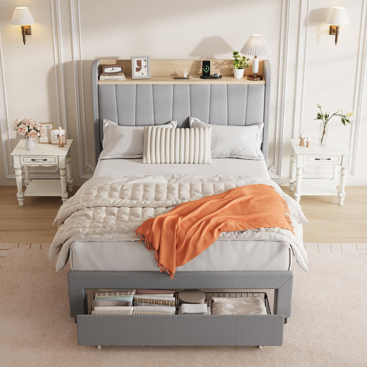 Twin Bed Frame with Storage Headboard and Charging Station P207