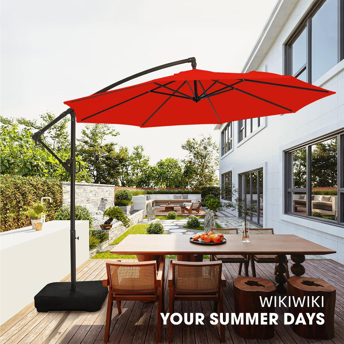 10ft Orange Red Offset Cantilever Patio Umbrella with Base M70880
