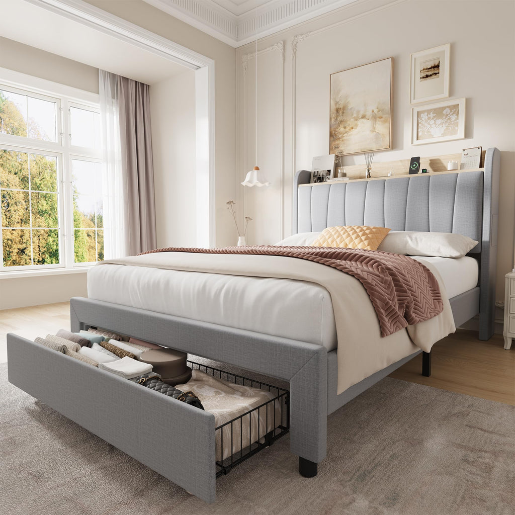 Twin Bed Frame with Storage Headboard and Charging Station P207