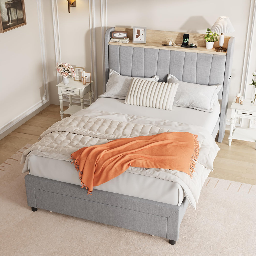 Twin Bed Frame with Storage Headboard and Charging Station P207