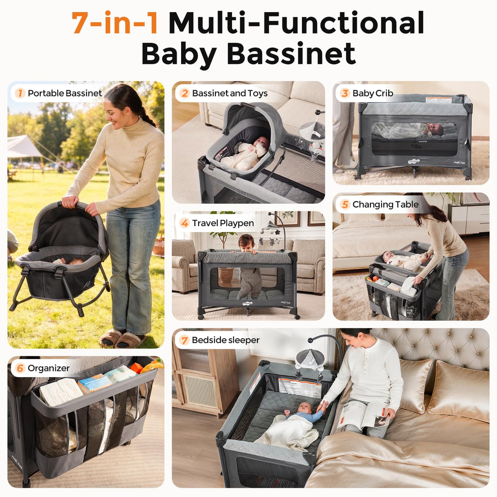 7 in 1 Pack and Play with Bassinet and Changing Station, Portable Electric Baby Swing B6838
