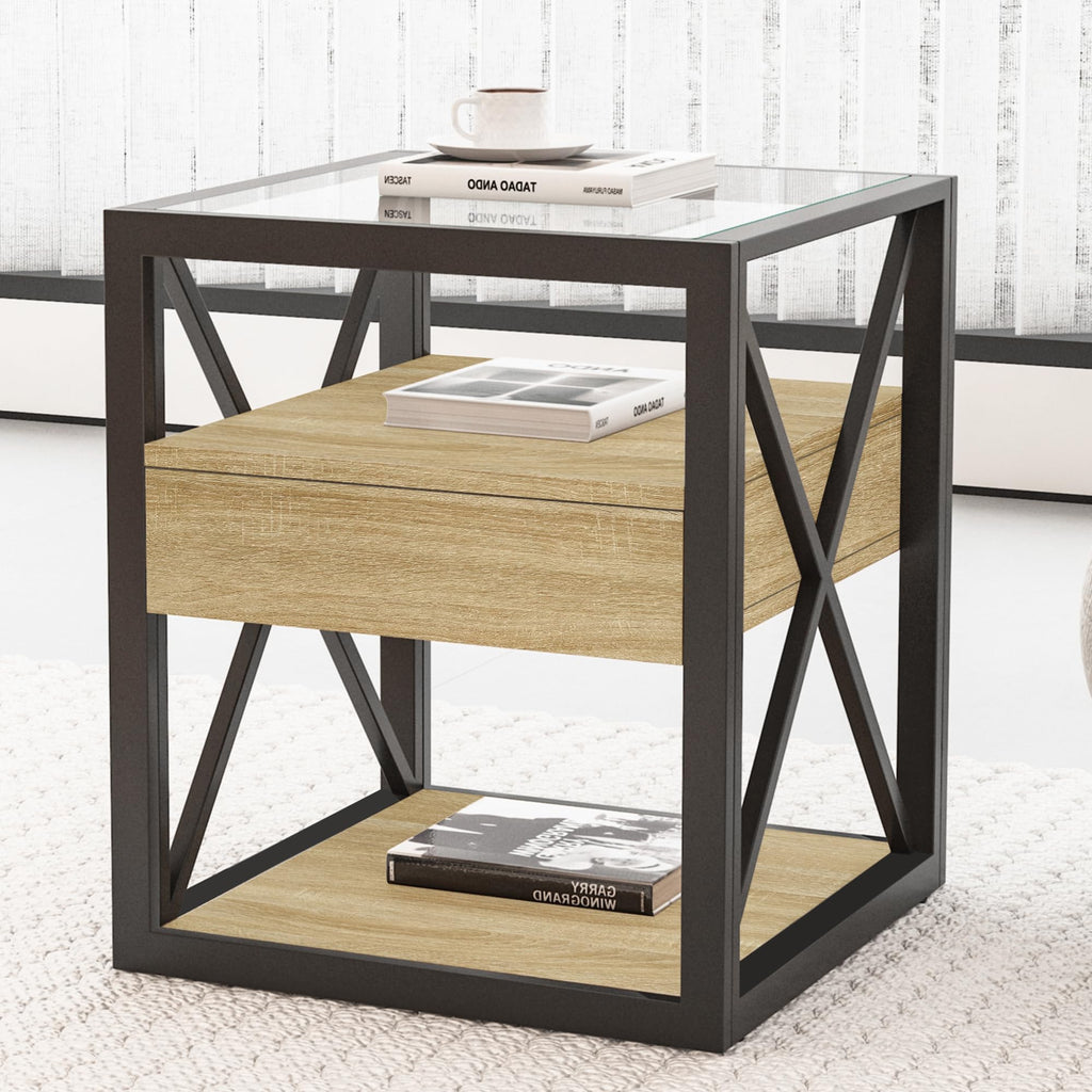 Brown Wood Glass Metal End Table Set of 2 I711