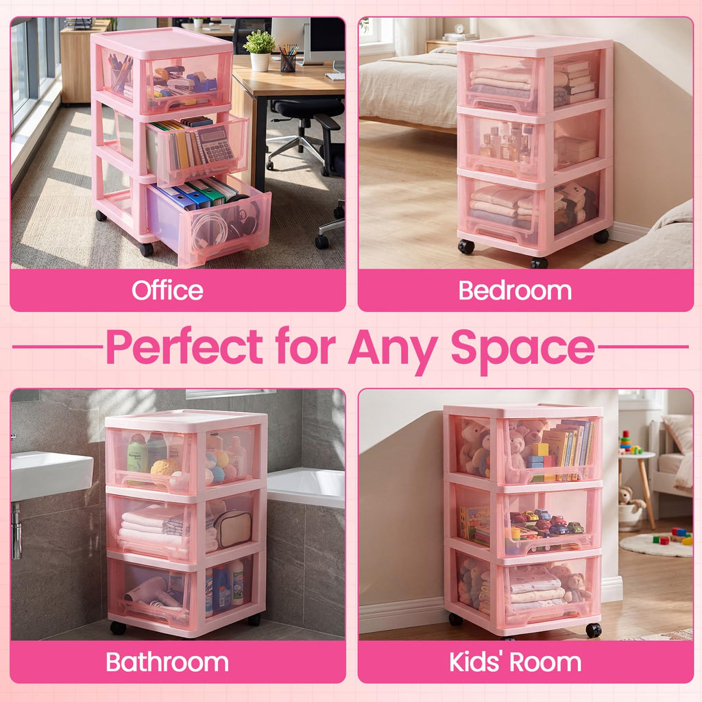 Pink 3-tier Plastic Storage Cart with Wheels N412