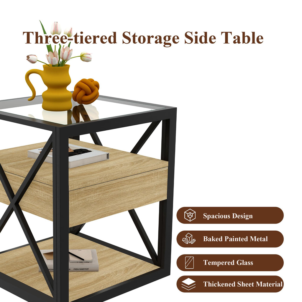 Brown Wood Glass Metal End Table Set of 2 I711