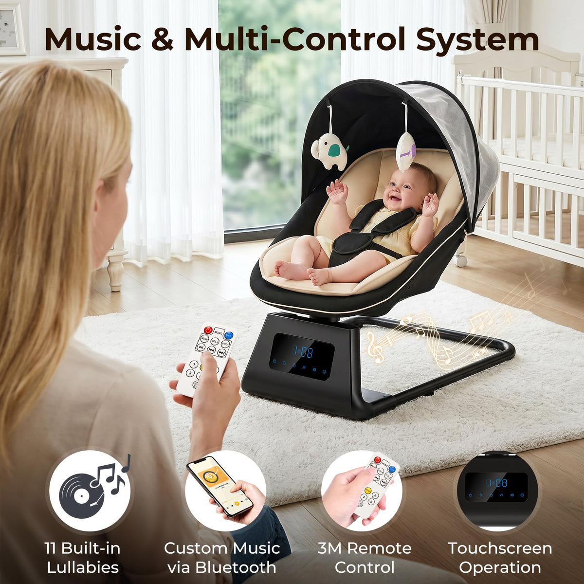 7 in 1 Pack and Play with Bassinet and Changing Station, Portable Electric Baby Swing B6838