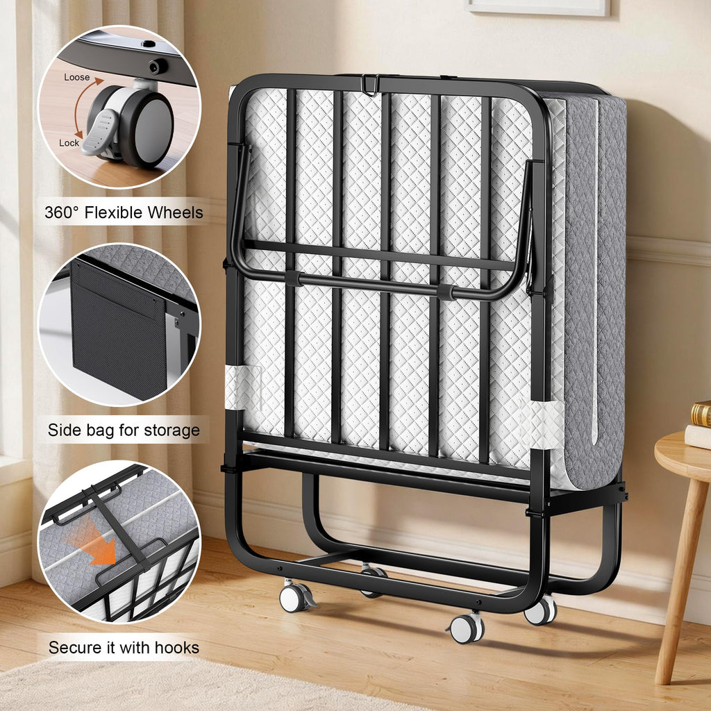 Folding Bed with Memory Foam Mattress Twin Size Metal Frame White Z76559