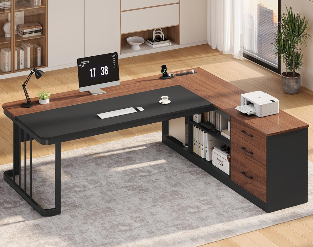 71" L Shaped Computer Desk with Drawers and Power Outlets G69303