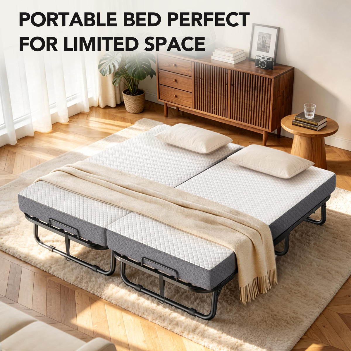 Folding Bed with Memory Foam Mattress Twin Size Metal Frame White Z76559