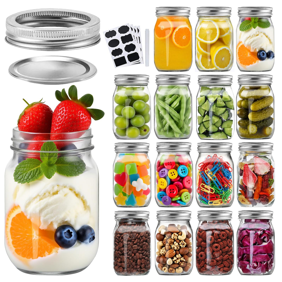 16 Pack 16 oz Glass Mason Jars with Airtight Lids and Bands Z522