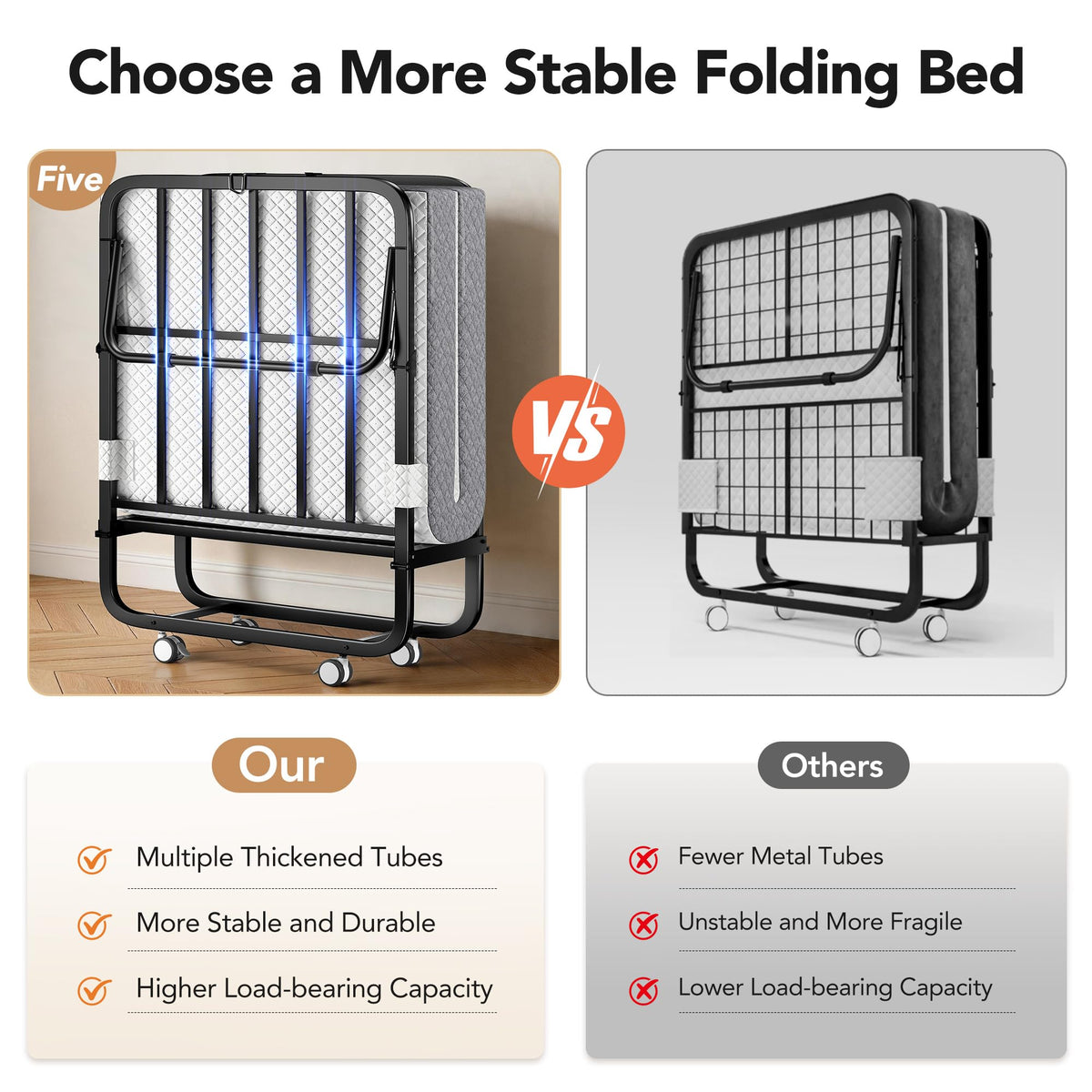 Folding Bed with Memory Foam Mattress Twin Size Metal Frame White Z76559