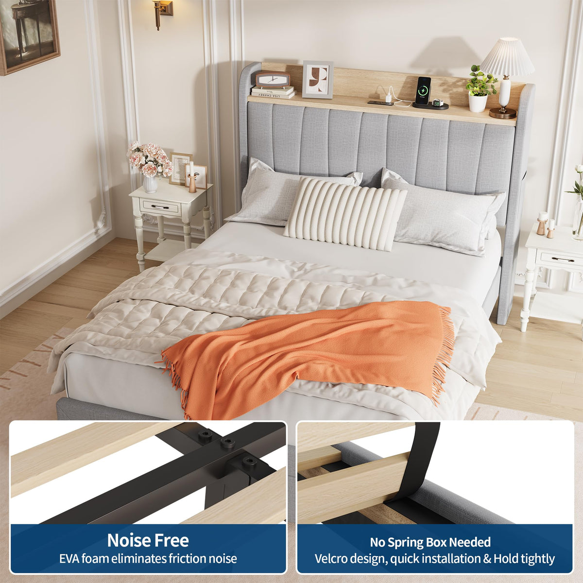 Twin Bed Frame with Storage Headboard and Charging Station P207